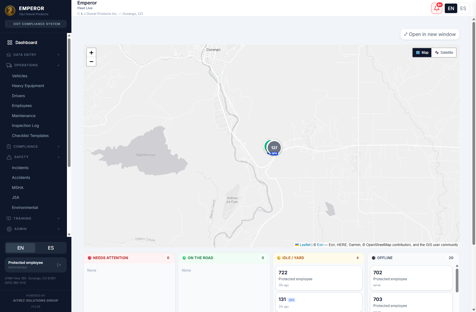 Emperor administrative portal showing the live fleet map in Durango, Colorado