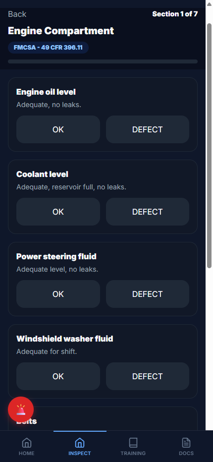 Real mobile inspection checklist with OK and defect options