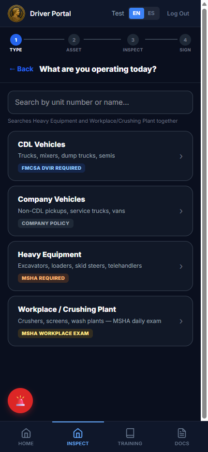 Inspection types: CDL vehicles, company vehicles, heavy equipment and workplace